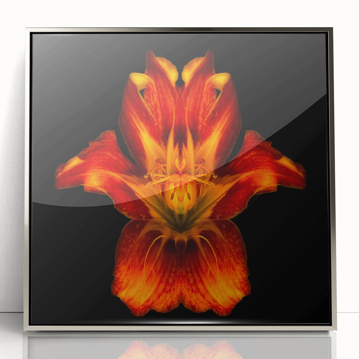 Framed wall art featuring a botanical lily design, showcasing vibrant colors and intricate details, presented in a sleek silver frame for modern home decor.