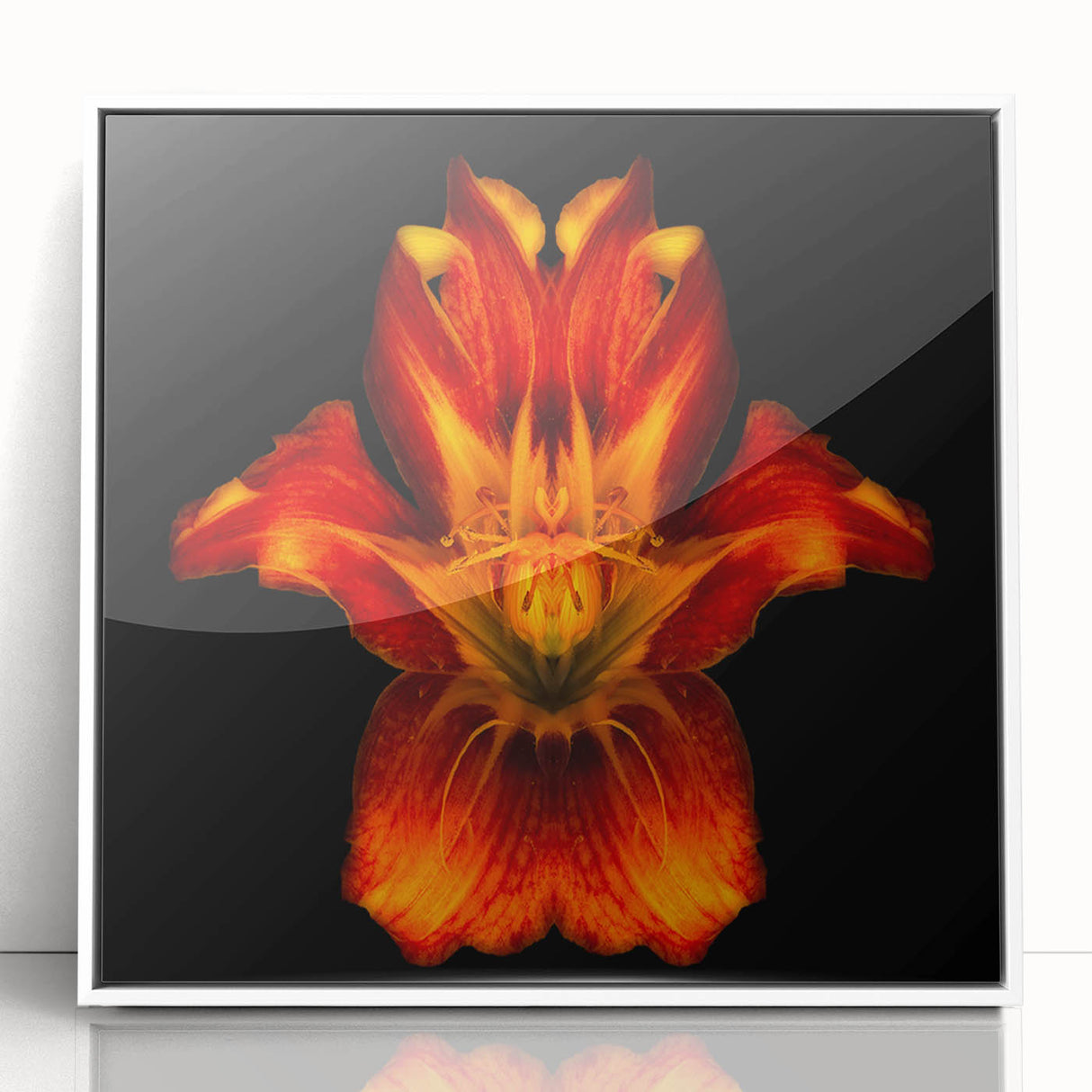 Framed botanical wall art featuring a delicate white lily design with a sleek acrylic finish, displayed against a clean white background, ideal for home decor.