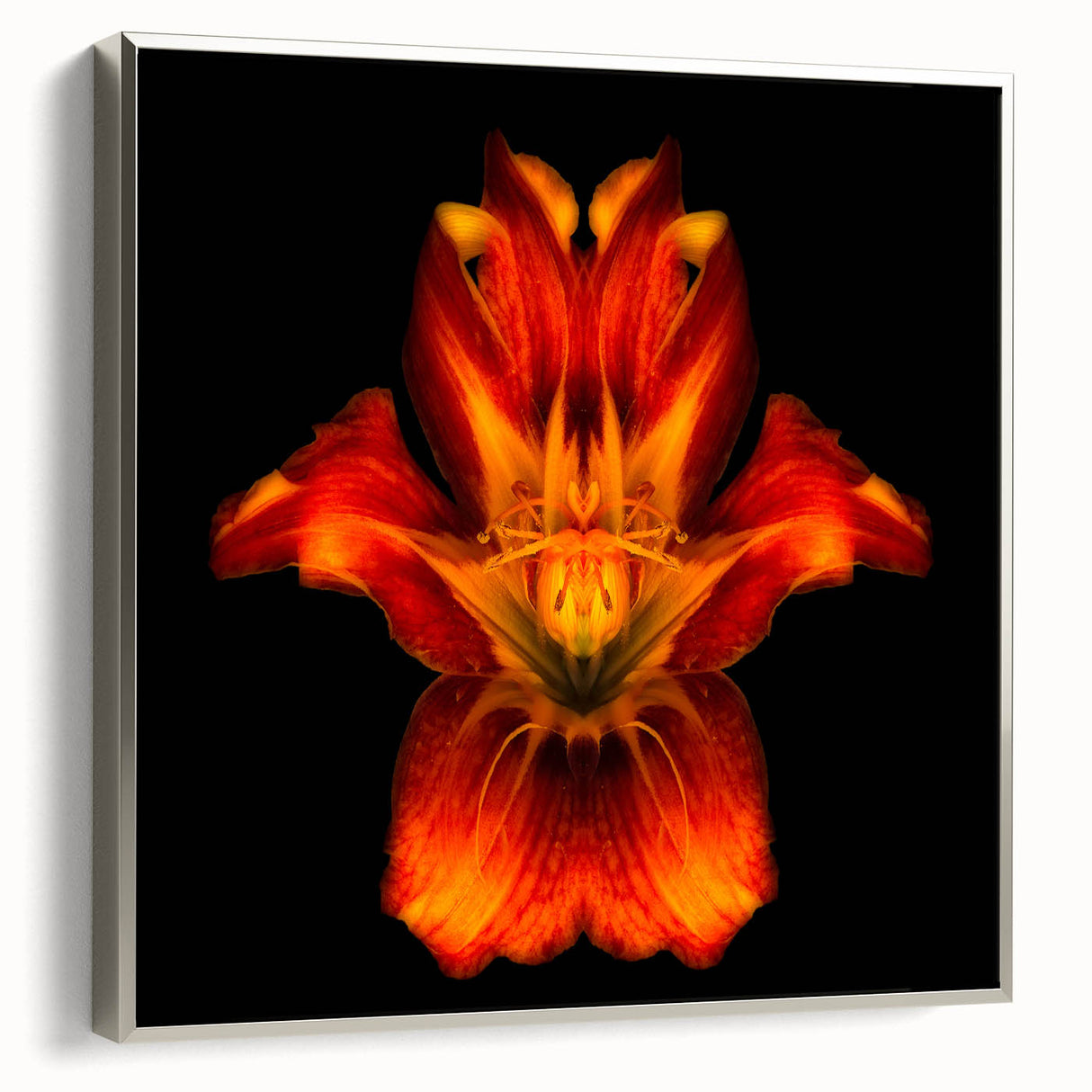 Framed botanical wall art featuring a silver-bordered design of elegant lilies on canvas, showcased from a side view, enhancing any decor.