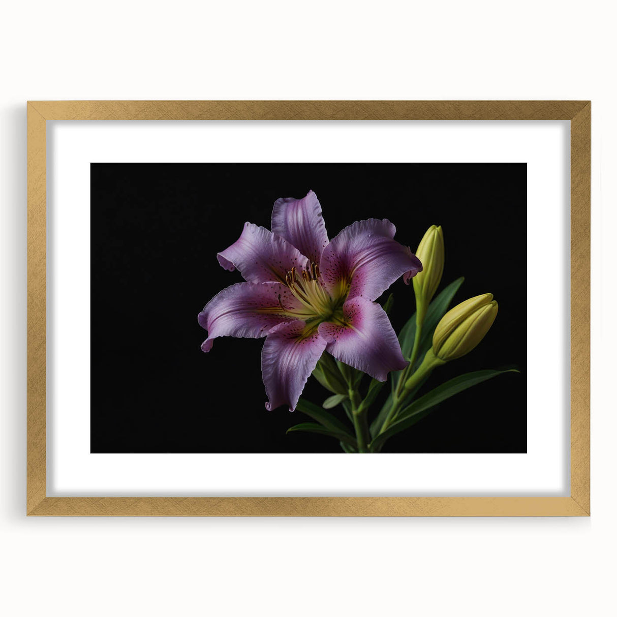 Botanical wall art collection showcasing a stunning gold-framed lily design with a mat, perfect for enhancing home decor and adding elegance to any room.