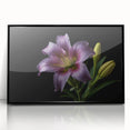 Framed wall art showcasing a vibrant botanical lily design in black acrylic, highlighting intricate floral details and modern decor suitability for elegant interiors.