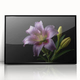 Framed wall art showcasing a vibrant botanical lily design in black acrylic, highlighting intricate floral details and modern decor suitability for elegant interiors.