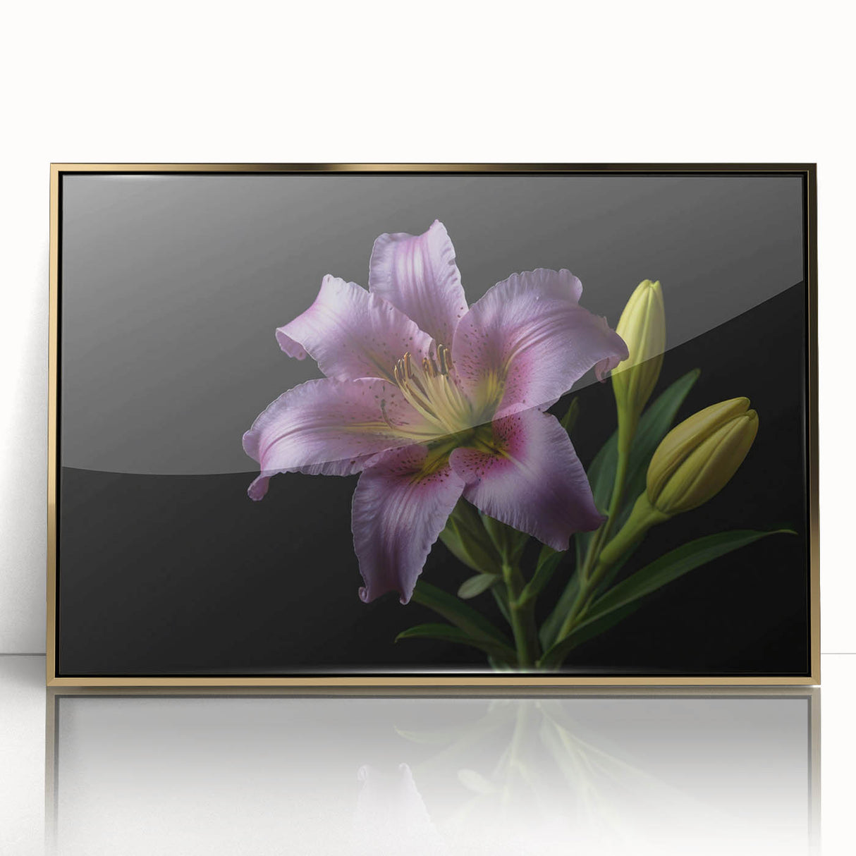 Framed wall art featuring a botanical lily design with vibrant colors and a gold-acrylic finish, perfect for enhancing modern home decor or office ambiance.