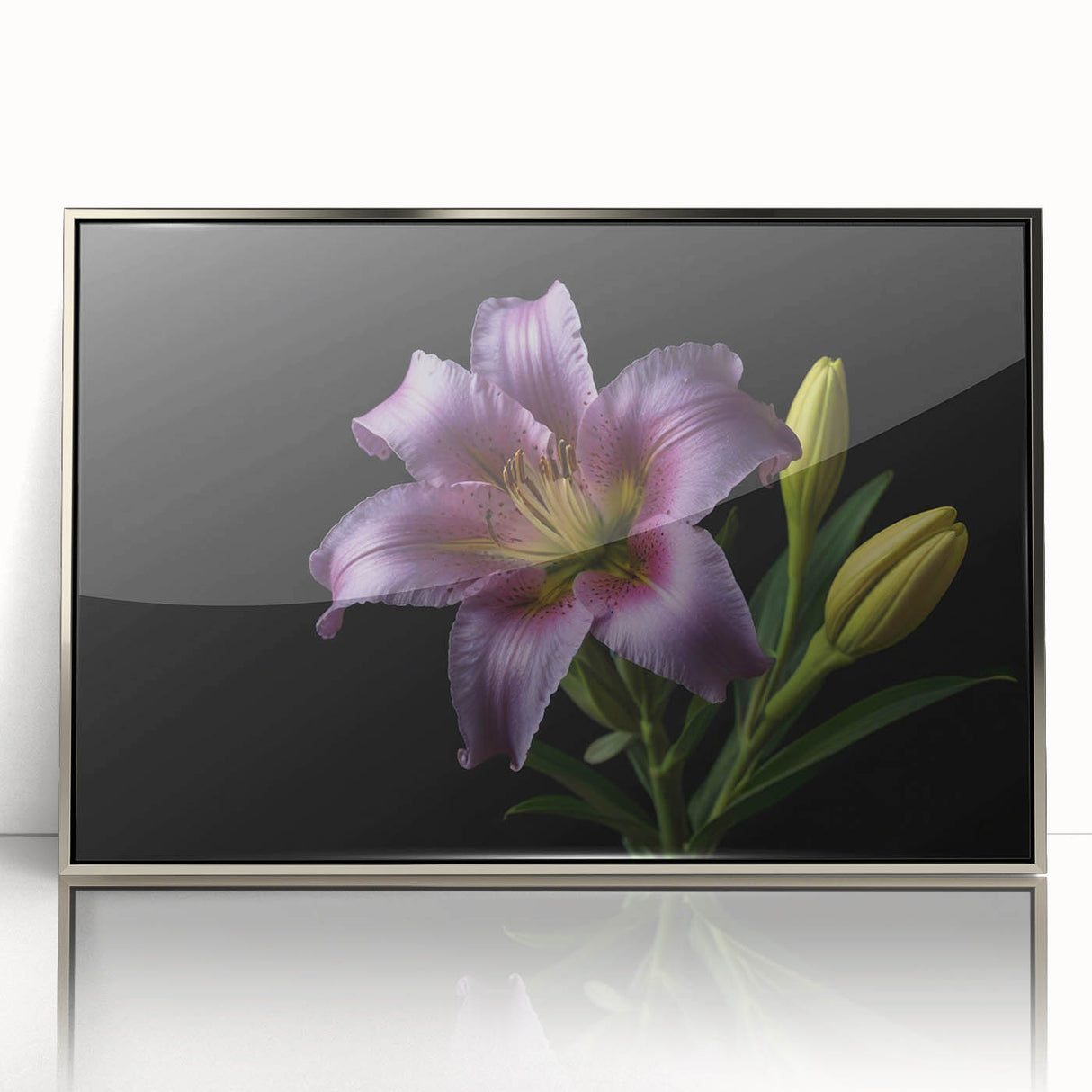 Framed wall art featuring a botanical lily design with silver accents, showcasing vibrant colors and intricate floral details, perfect for home decor.