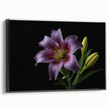 Framed botanical wall art featuring a vibrant lily design on canvas, displayed in a sleek black frame, showcasing elegant floral details and textures. Ideal for home decor enthusiasts.