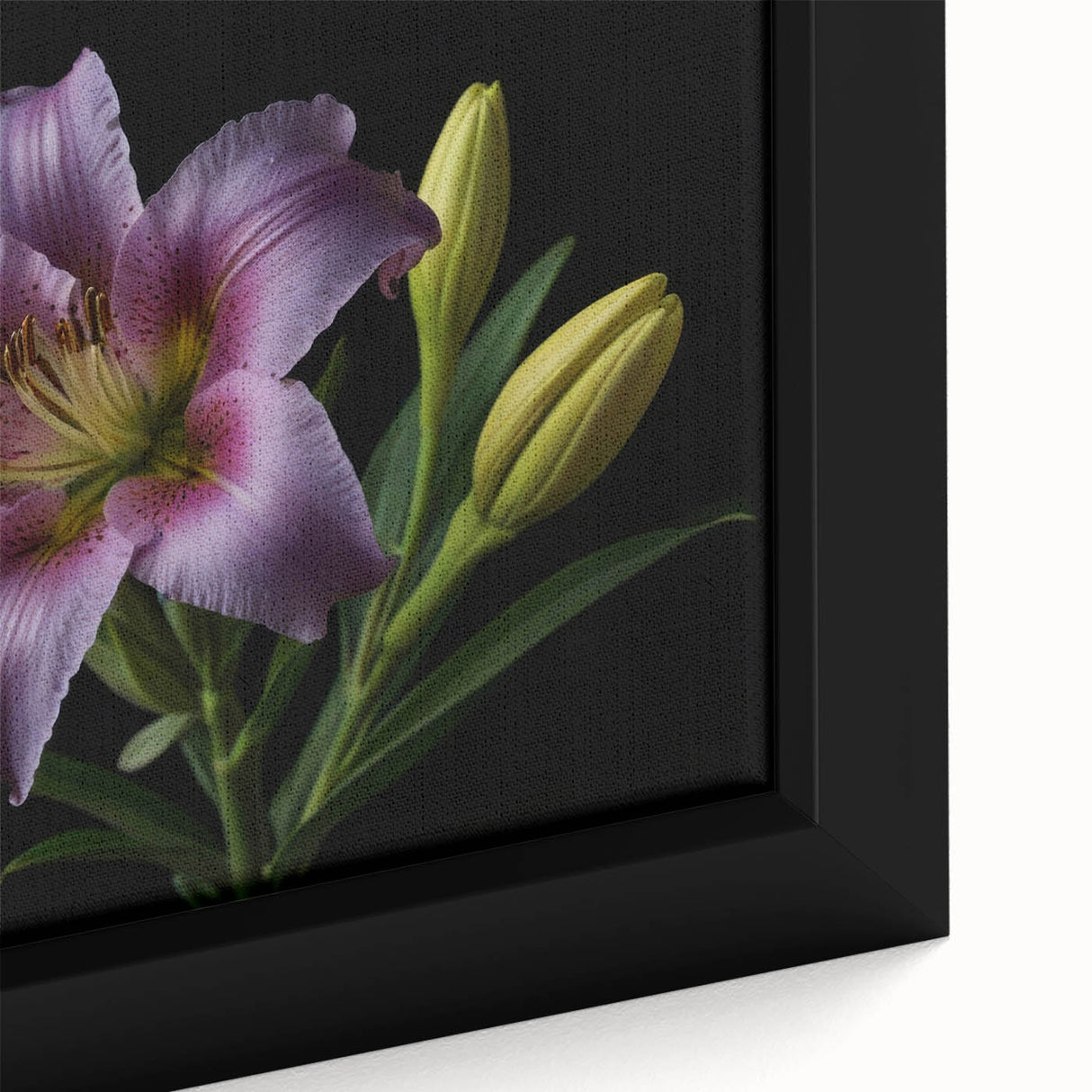 Close-up of a framed botanical wall art piece showcasing a vibrant lily design, featuring intricate details and rich colors, perfect for home decor enthusiasts.