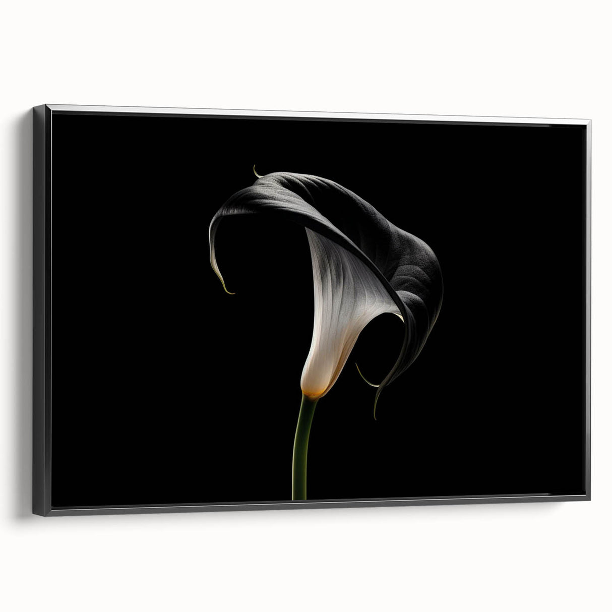Framed botanical wall art featuring a vibrant lily design on a black canvas, showcasing intricate details and elegant colors, perfect for enhancing home decor.