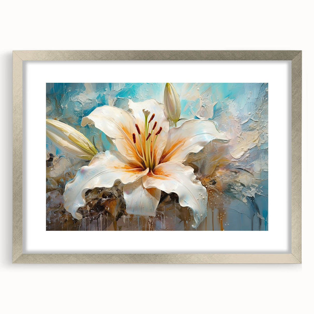 Botanical wall art collection featuring a silver-framed lily design with a mat, showcasing intricate floral details perfect for home decor.
