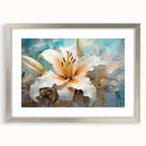 Botanical wall art collection featuring a silver-framed lily design with a mat, showcasing intricate floral details perfect for home decor.