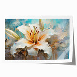 Vibrant botanical wall art print featuring a delicate lily design on a textured canvas, rolled and ready for framing, showcasing intricate floral details and rich colors.
