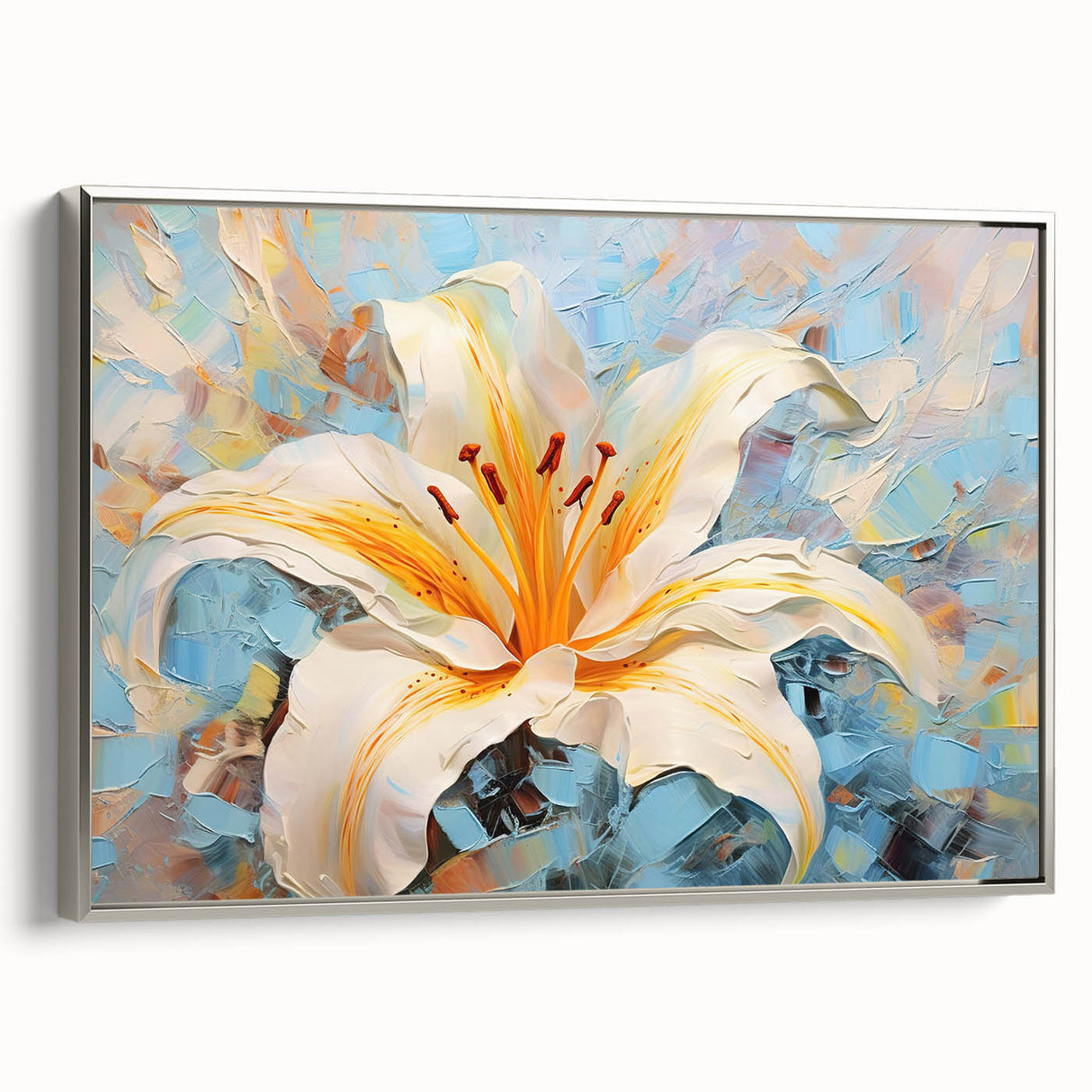 Framed botanical wall art featuring a detailed lily design on canvas, presented in a sleek silver frame, highlighting elegance and sophistication for home decor.