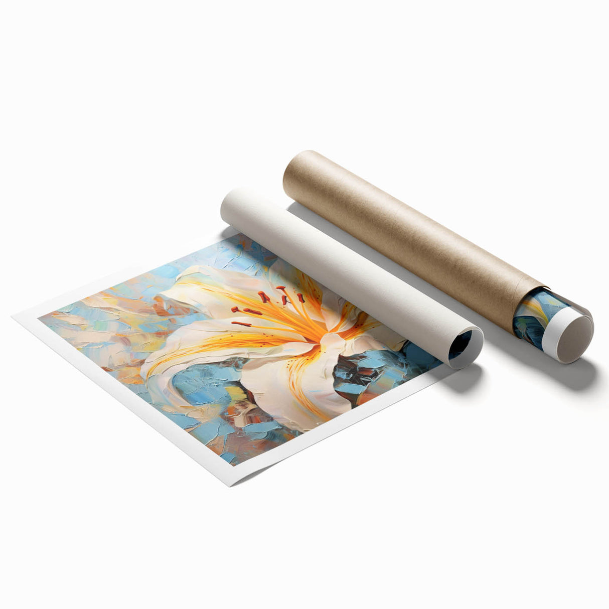 Botanical wall art print featuring a delicate lily design in soft pastel colors, rolled and ready for display, ideal for brightening home decor.