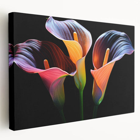 Stretched canvas wall art featuring a botanical lily design in vibrant colors, showcasing intricate floral details and a sleek side view, perfect for home decor.