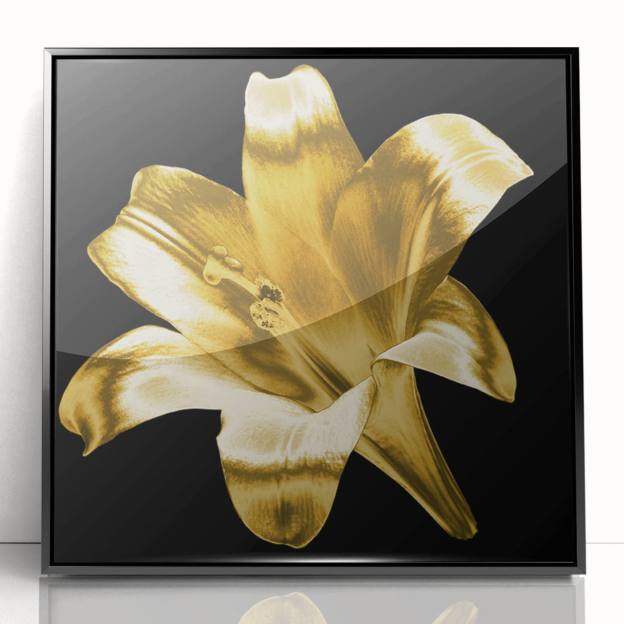Framed wall art featuring a botanical lily design in vibrant colors, set against a sleek black background, enhancing home decor with elegance and floral beauty.