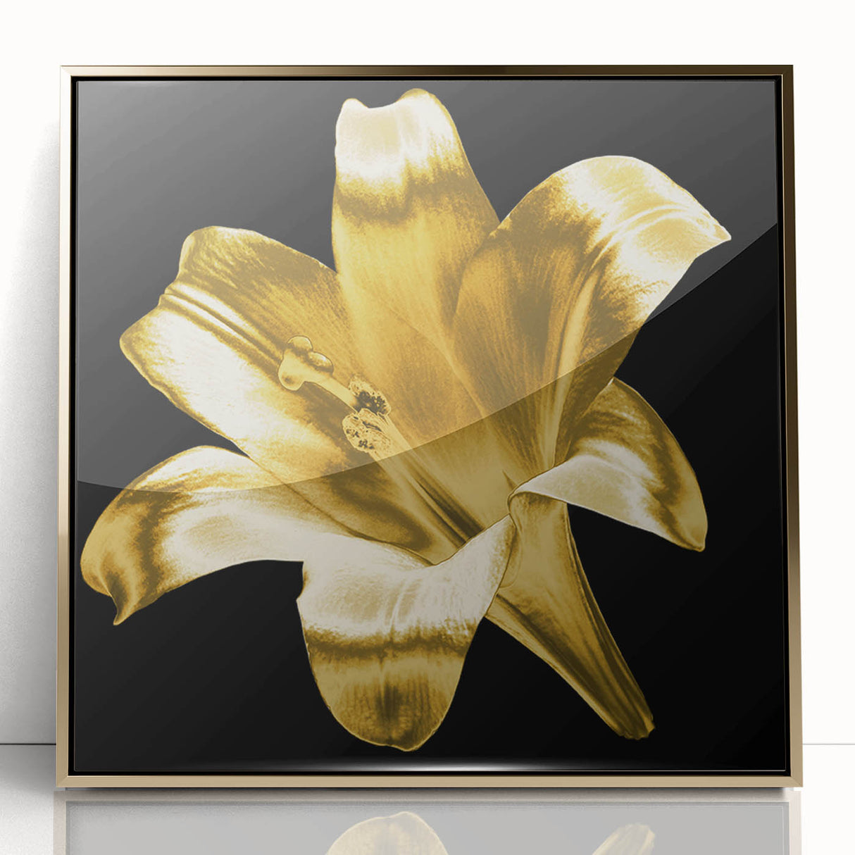 Framed wall art featuring a botanical lily design in vibrant colors, set in a gold-acrylic frame, perfect for adding elegance to home decor.