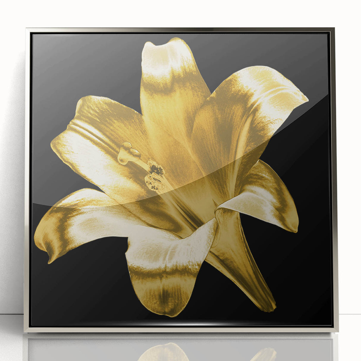Framed wall art featuring a botanical lily design, showcasing vibrant floral colors on a silver-acrylic background, perfect for modern home decor.