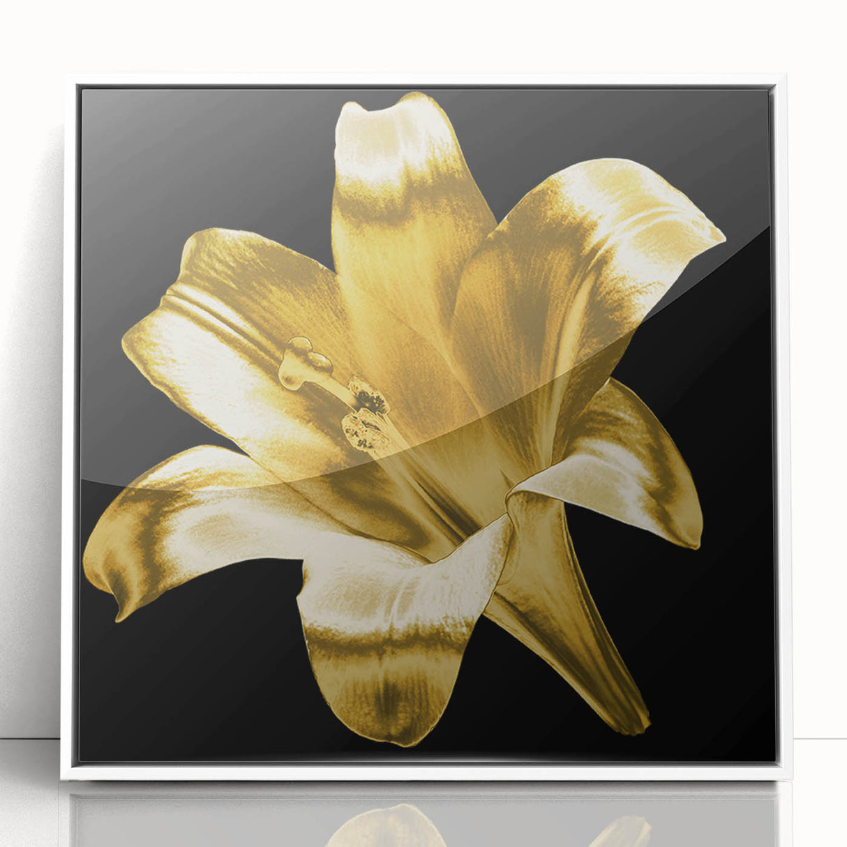 Framed wall art featuring a botanical lily design in vibrant colors, presented in a sleek white frame, ideal for enhancing home decor with a touch of nature.