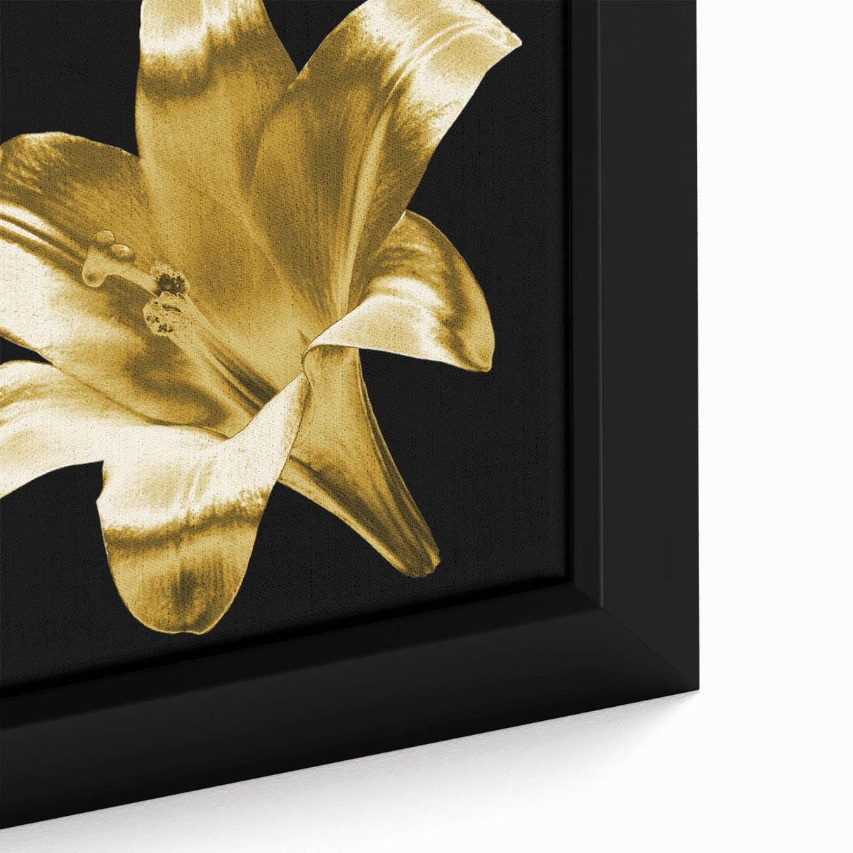 Close-up of a framed botanical wall art piece featuring a vibrant lily design, showcasing intricate details and rich colors, ideal for home decor enhancement.