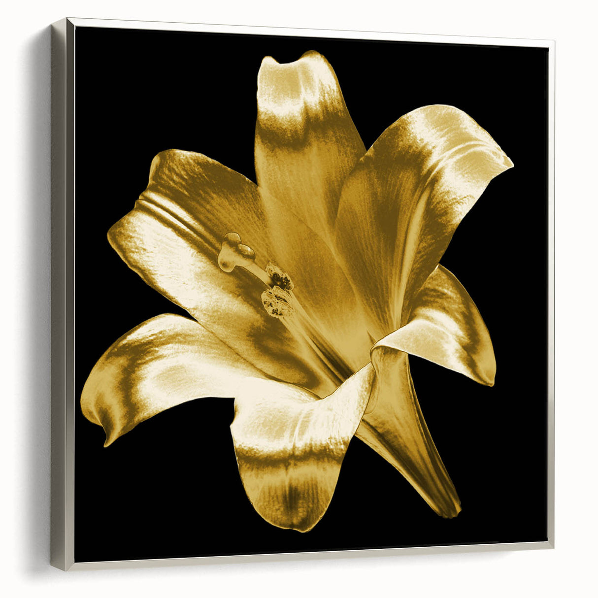 Framed wall art featuring a botanical lily design on canvas, elegantly showcased with a silver frame, adding a touch of sophistication to home decor.