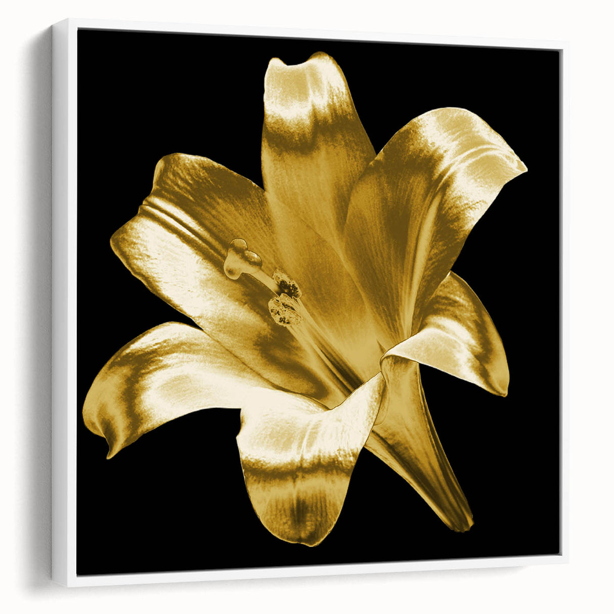 Framed botanical wall art featuring a delicate white lily design, elegantly displayed in a sleek frame, perfect for enhancing modern home decor aesthetics.