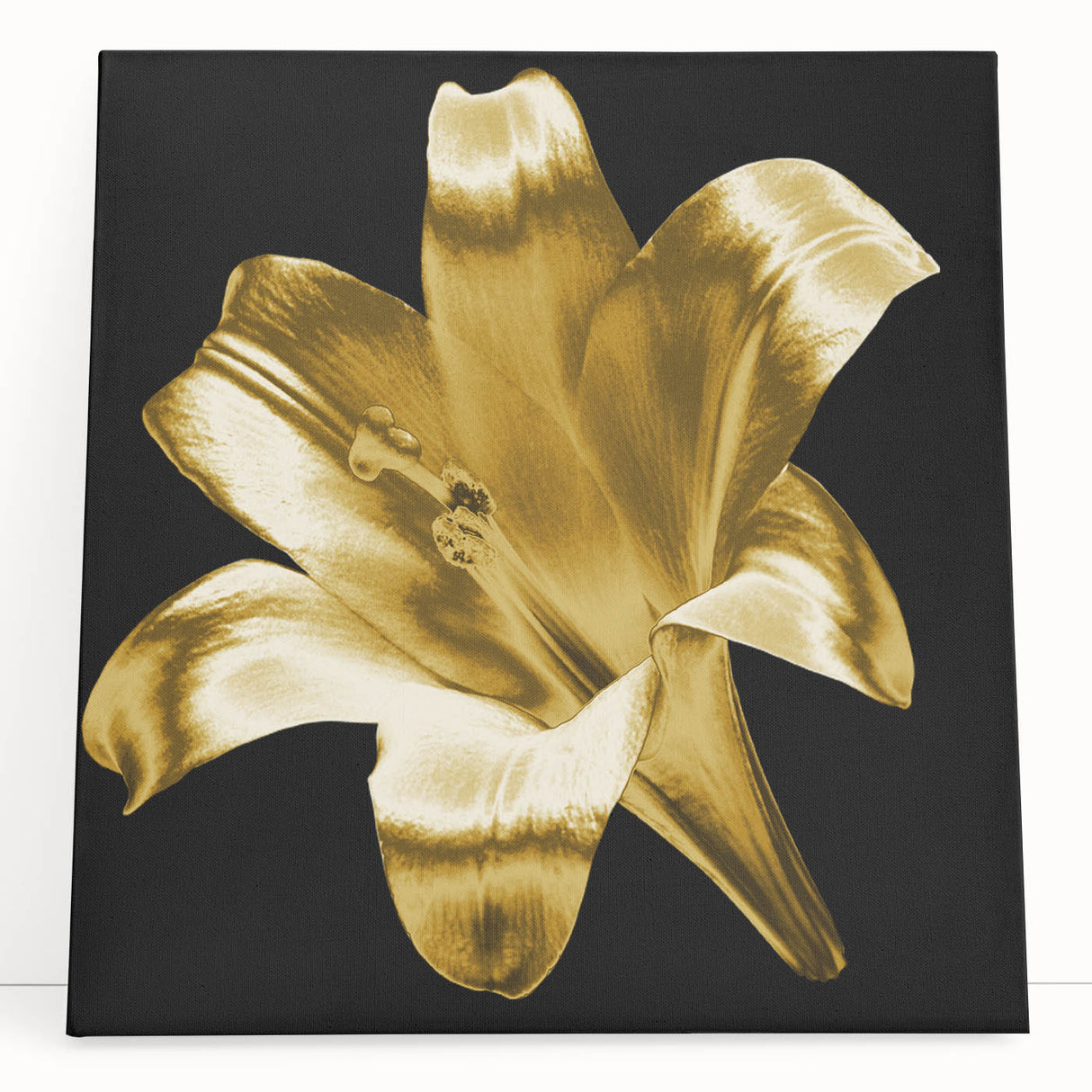 Botanical wall art featuring a vibrant lily design in soft pastels, printed on stretched canvas and elegantly leaning against a neutral background, ideal for home decor.