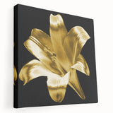 Stretched canvas artwork showcasing a botanical lily design in vibrant colors, elegantly framed for wall display, highlighting delicate floral details and textures.
