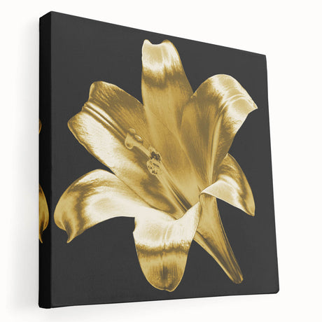Stretched canvas artwork showcasing a botanical lily design in vibrant colors, elegantly framed for wall display, highlighting delicate floral details and textures.