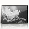 Framed wall art featuring a botanical magnolia design with black accents, showcasing delicate white flowers against a sleek black background, perfect for modern decor.