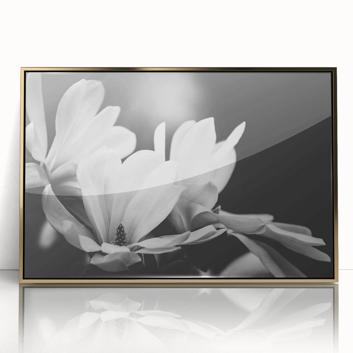 Framed wall art showcasing a botanical magnolia design in elegant gold acrylic, perfect for enhancing home decor with a touch of natural beauty. The artwork features intricate details of the magnolia flower against a soft background, ideal for floral enthusiasts and modern interiors.
