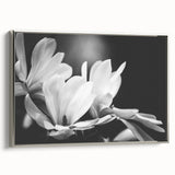 Framed botanical wall art featuring a magnolia design in soft pastel colors, elegantly displayed with a silver frame, showcasing a side view that highlights its modern aesthetics.