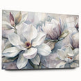 Elegant botanical magnolia wall art design displayed in a sleek acrylic frame, featuring soft pastel colors and pin mounts, perfect for enhancing home decor.