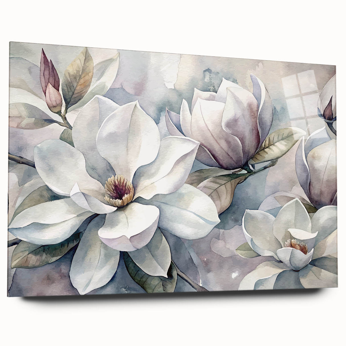 Magnolia wall art design featuring vibrant acrylic glass mounted on a sleek frame, showcasing delicate floral details and a modern aesthetic suitable for home decor.