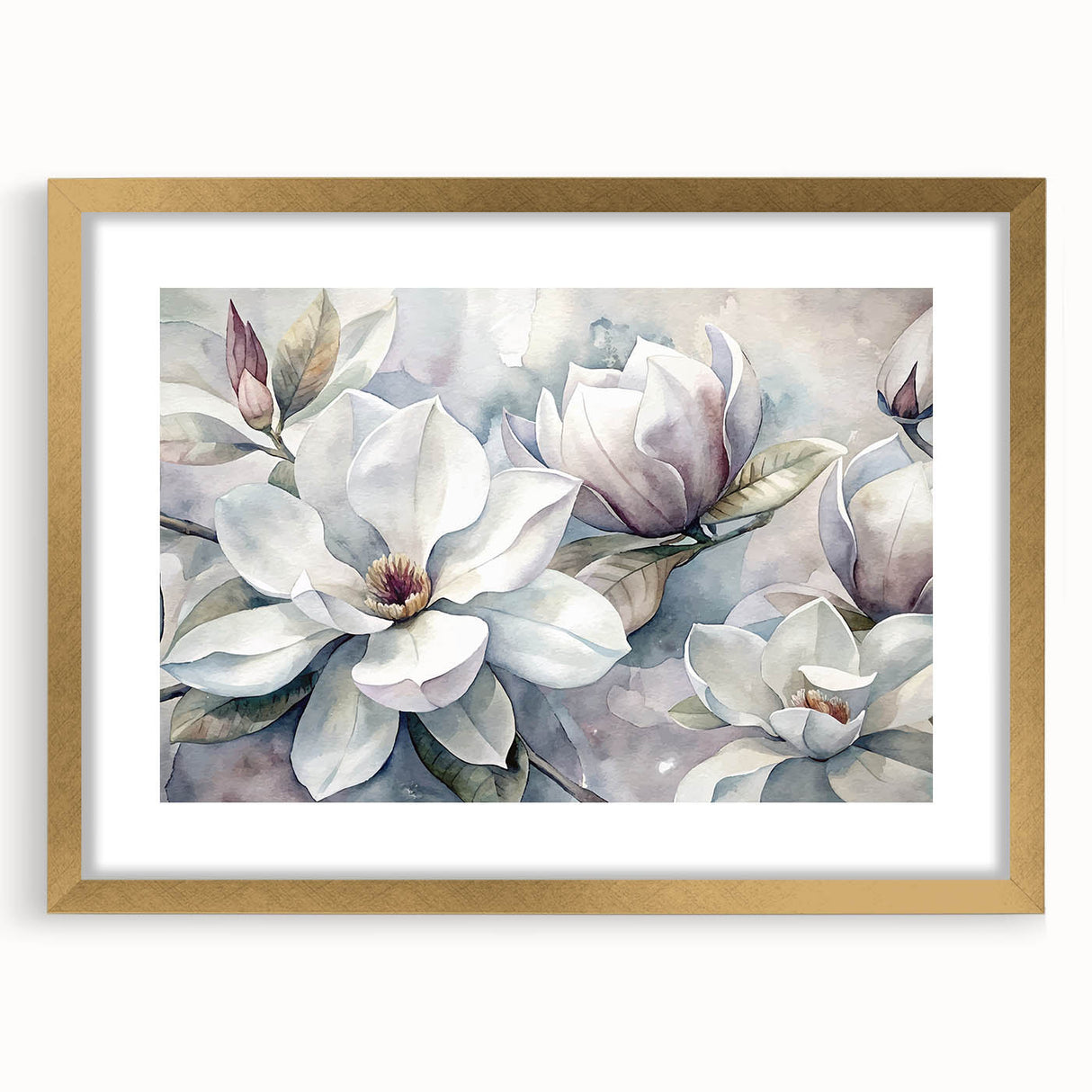 Elegant botanical wall art showcasing a magnolia design in a gold frame with a mat, perfect for enhancing modern home decor and adding a touch of nature.