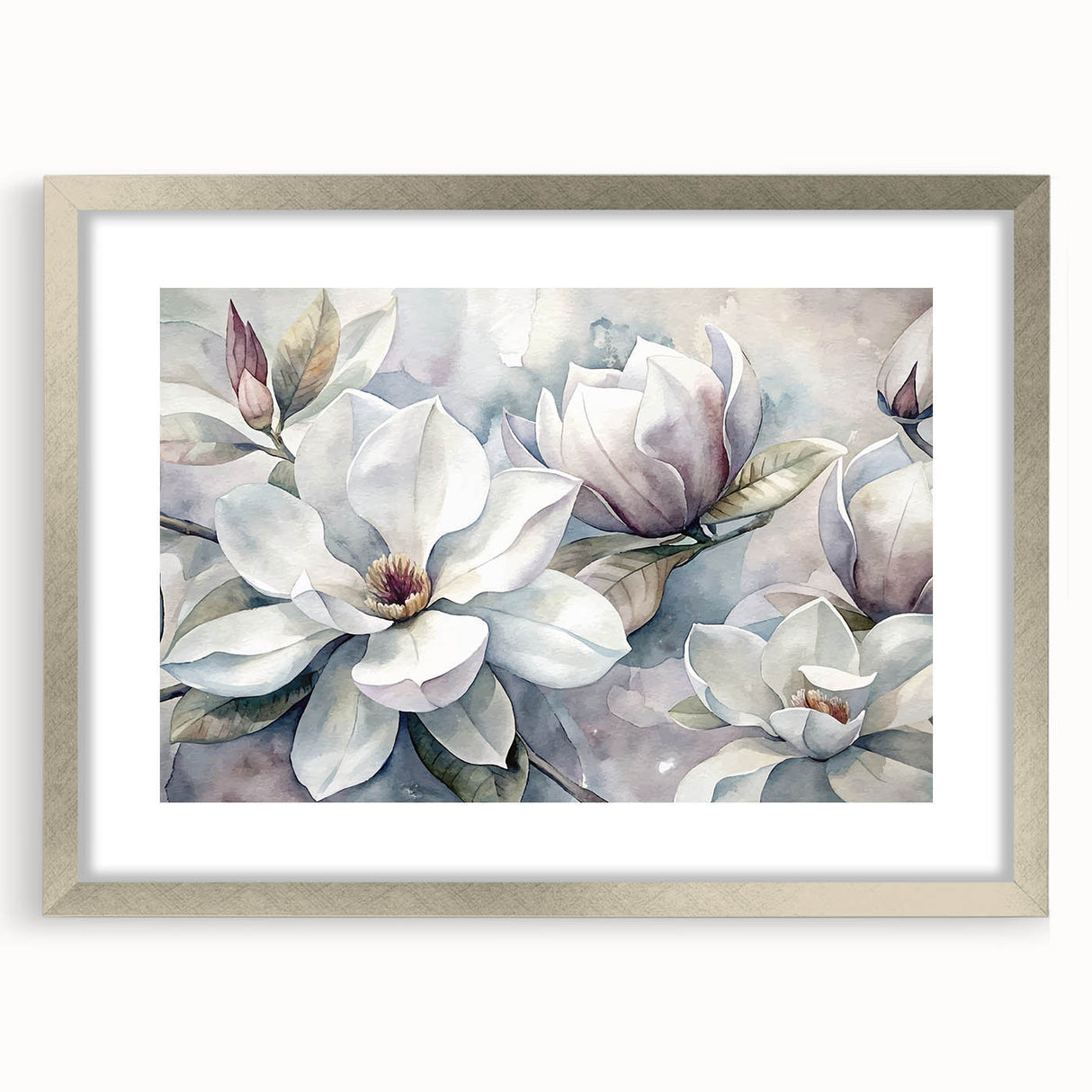 Elegant botanical wall art featuring a magnolia design, framed with a silver mat, showcasing delicate floral details and a modern aesthetic perfect for home decor.
