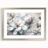 Elegant botanical wall art featuring a magnolia design, framed with a silver mat, showcasing delicate floral details and a modern aesthetic perfect for home decor.