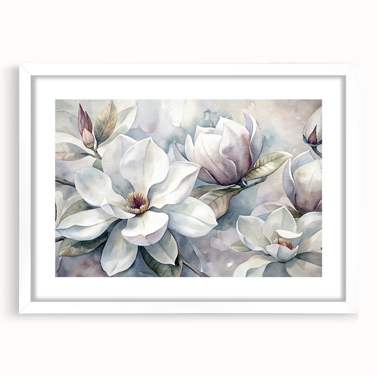 White-framed wall art featuring a botanical magnolia design, showcasing delicate floral details and soft colors, perfect for home decor and nature enthusiasts.