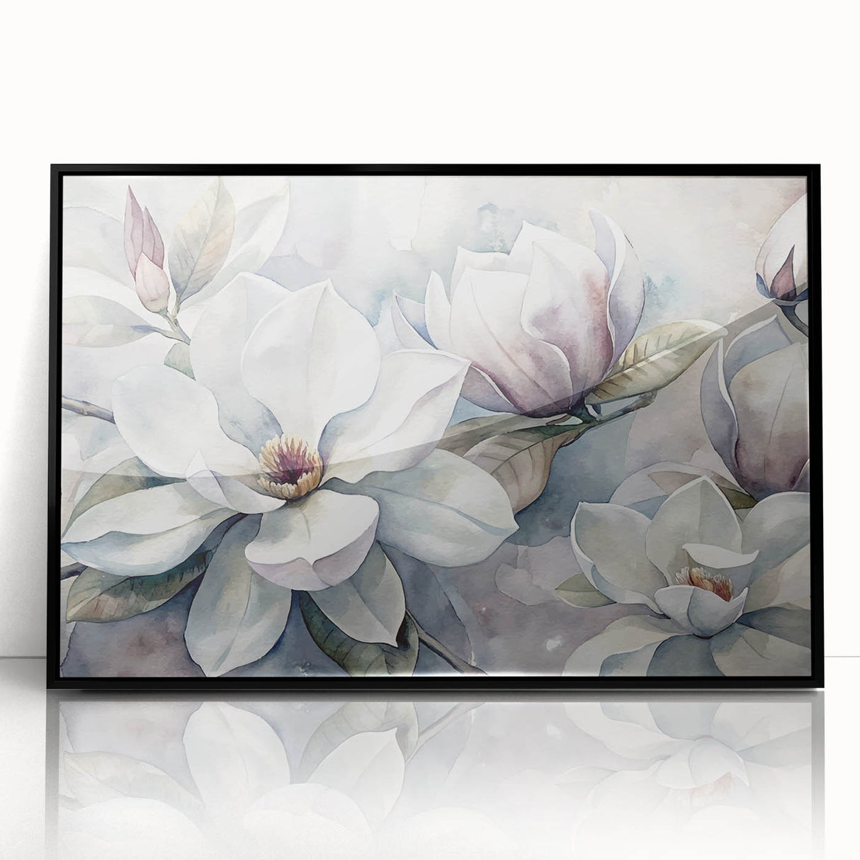 Framed wall art showcasing a botanical design of magnolia flowers in vibrant colors, featuring a sleek black frame that enhances its elegance. Ideal for home decor.