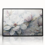 Framed wall art showcasing a botanical design of magnolia flowers in vibrant colors, featuring a sleek black frame that enhances its elegance. Ideal for home decor.