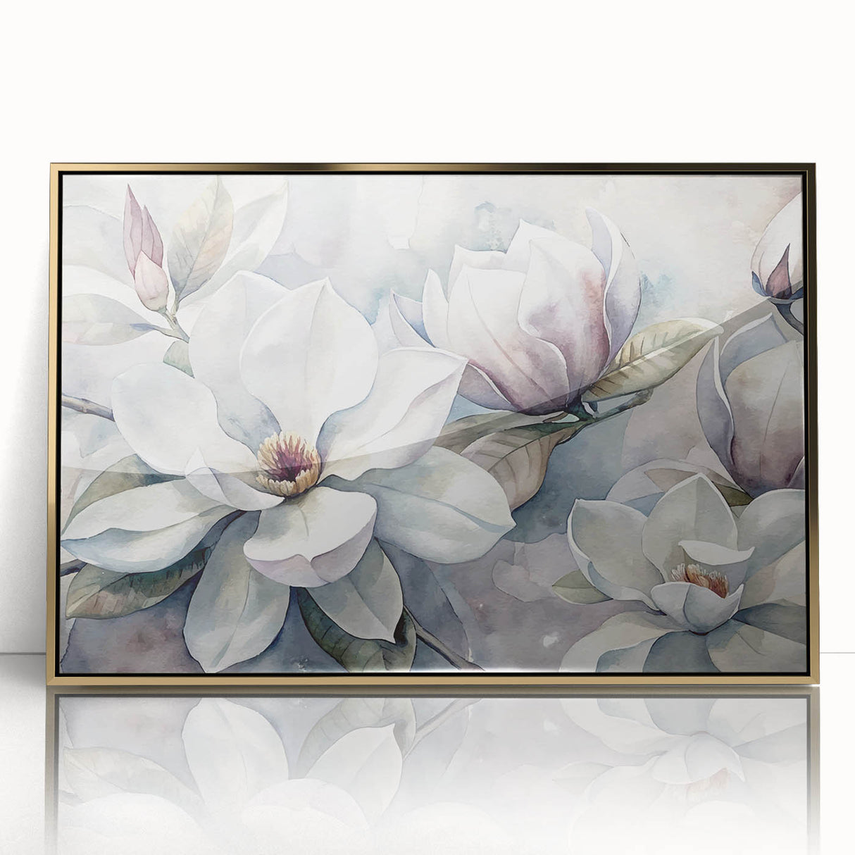 Framed botanical wall art featuring a delicate magnolia design with a gold acrylic front, showcasing intricate floral details, perfect for home decor.