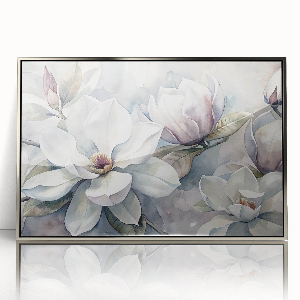 Framed silver wall art showcasing a botanical magnolia design, featuring delicate floral details and vibrant colors, ideal for home decor enhancement.
