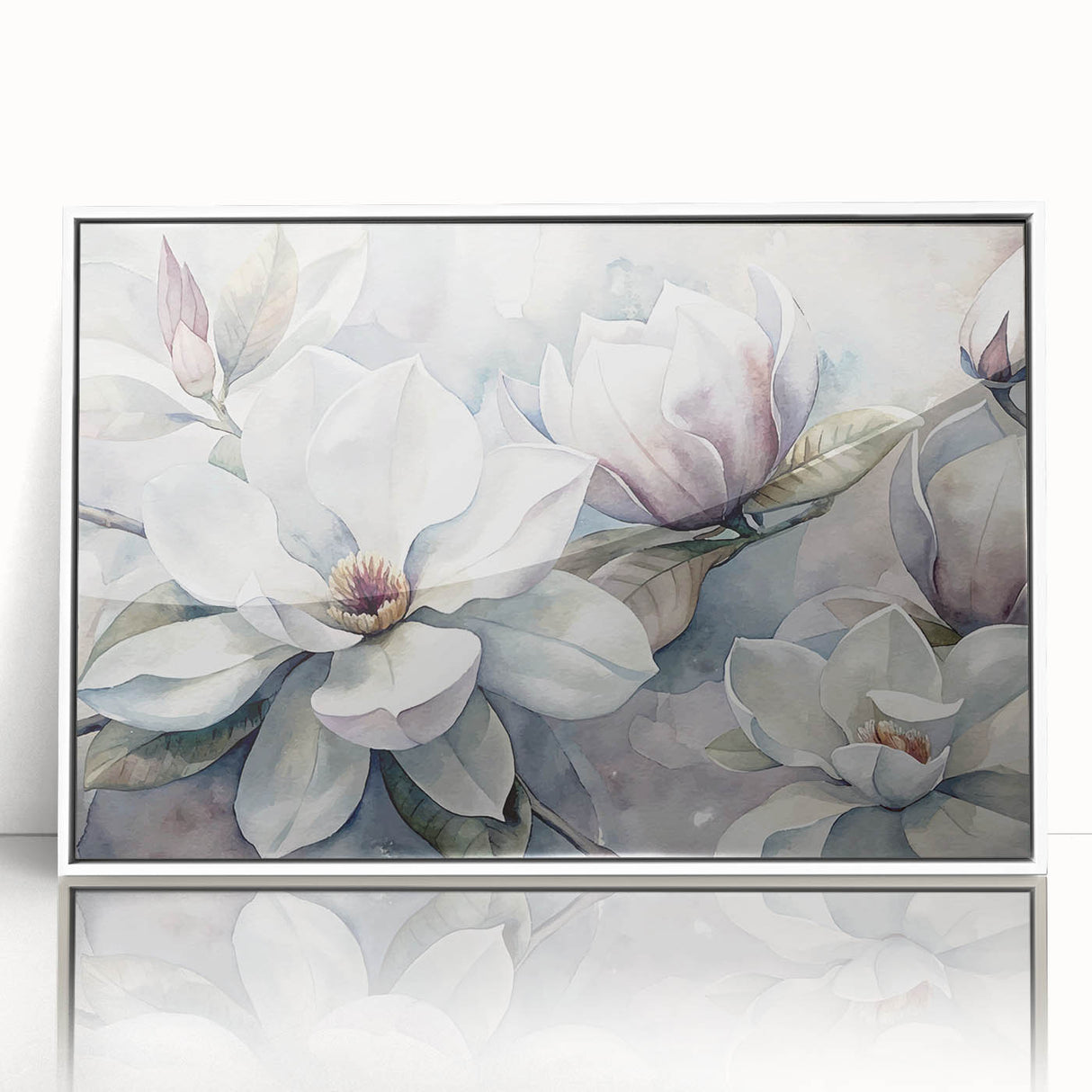 Framed botanical wall art featuring a magnolia design, with a white frame and acrylic front, showcasing intricate floral details and a modern aesthetic. This artwork adds a touch of elegance to any room, perfect for nature lovers and home decor enthusiasts.