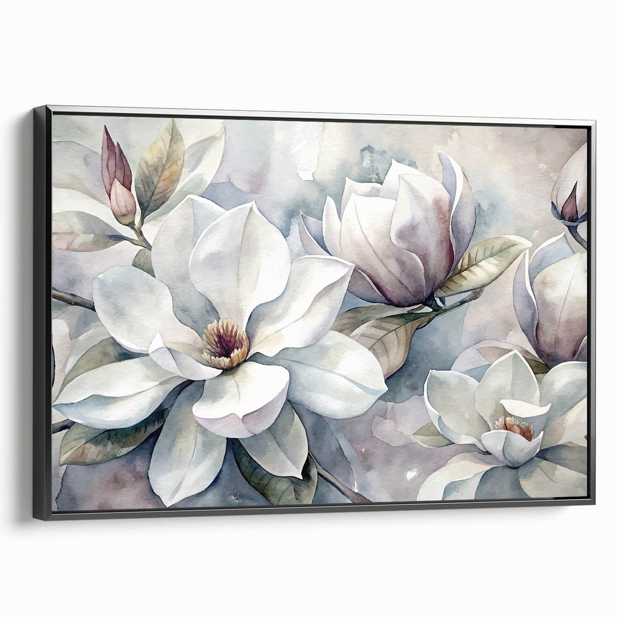 Framed canvas wall art showcasing a botanical design of magnolia flowers, featuring a sleek black frame and elegant side view, perfect for home decor.