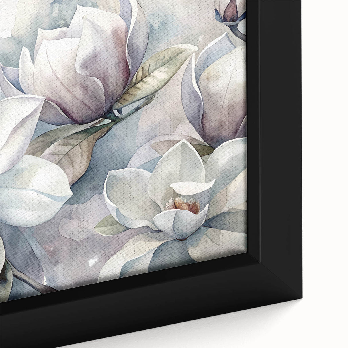 Close-up of a framed botanical wall art piece featuring a magnolia design, showcasing intricate floral details and soft pastel colors against a neutral background. Ideal for home decor enthusiasts seeking a touch of nature-inspired elegance.