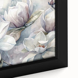 Close-up of a framed botanical wall art piece featuring a magnolia design, showcasing intricate floral details and soft pastel colors against a neutral background. Ideal for home decor enthusiasts seeking a touch of nature-inspired elegance.