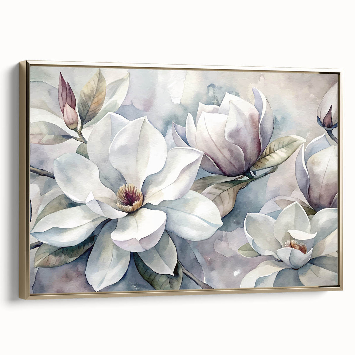 Framed wall art featuring a botanical magnolia design on canvas, showcasing delicate white flowers and green leaves, elegantly presented with a gold frame.