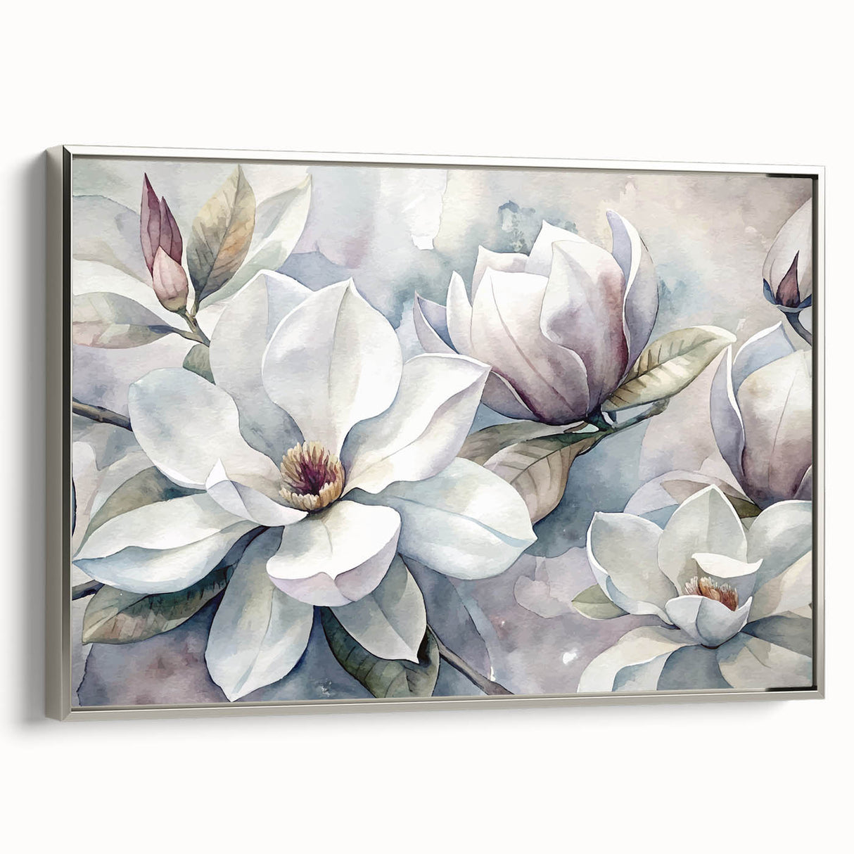 Framed canvas wall art featuring a botanical magnolia design in soft pastel colors, showcasing intricate floral details with a sleek silver frame. Perfect for home decor.