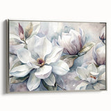 Framed canvas wall art featuring a botanical magnolia design in soft pastel colors, showcasing intricate floral details with a sleek silver frame. Perfect for home decor.