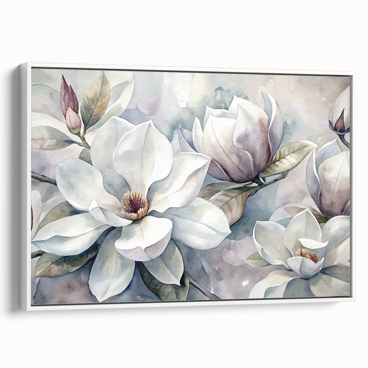 Framed canvas wall art showcasing a botanical magnolia design, featuring delicate white flowers and lush green leaves, elegantly displayed in a stylish setting.