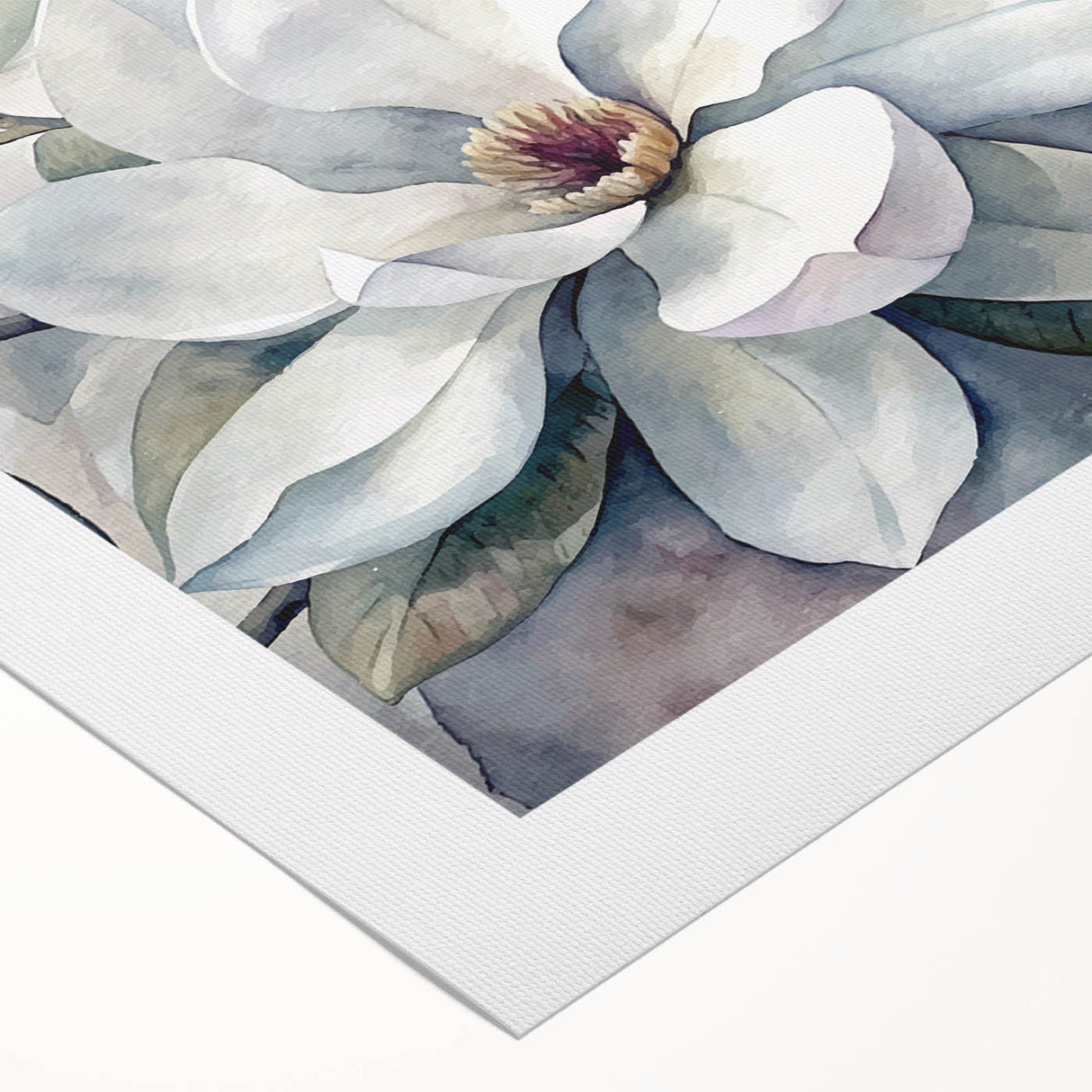 Magnolia flower wall art design on rolled canvas, showcasing delicate pink blooms and green leaves, ideal for home decor and nature-themed interiors.