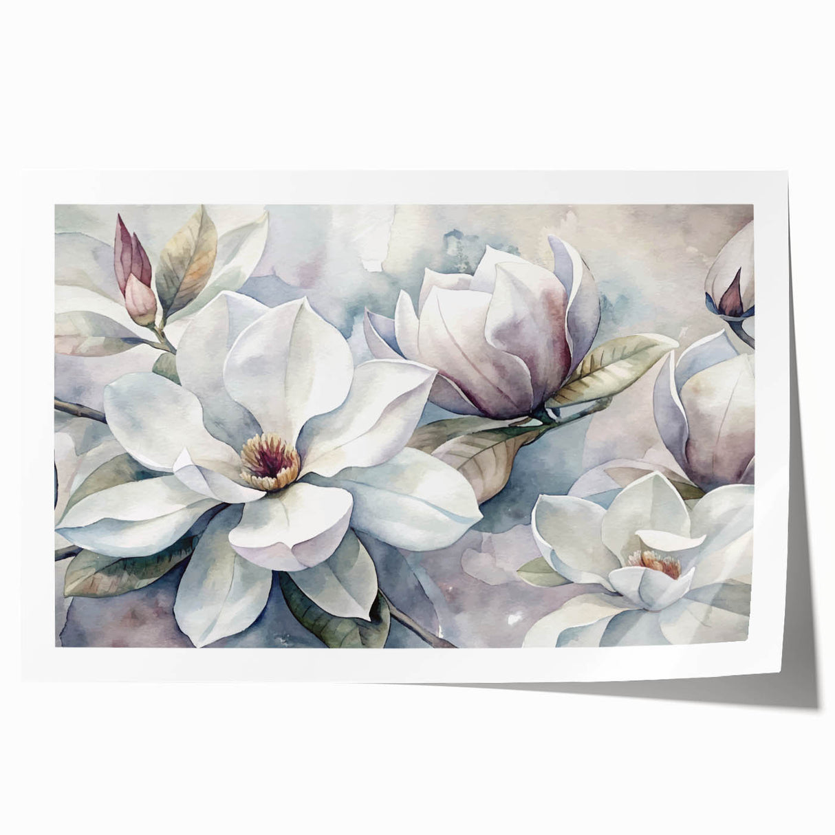 Magnolia floral wall art print showcasing intricate botanical details in soft pink and green hues, ideal for home decor and enhancing interior aesthetics.